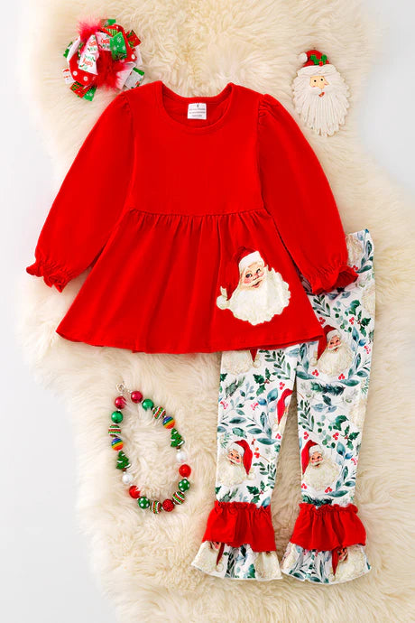 Red ruffle shirt w/ Santa bottoms